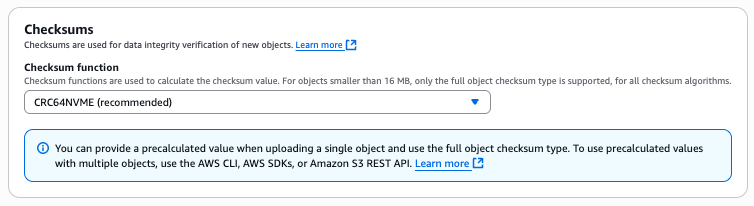 S3 Console checksum selection UI