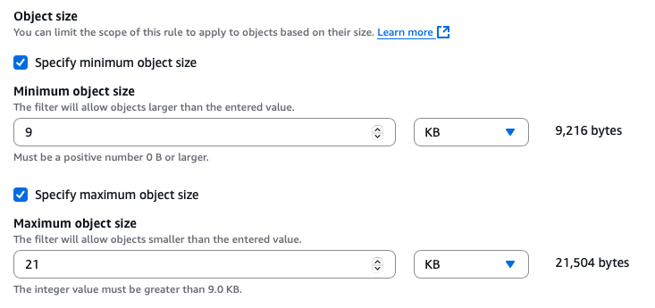 S3 Console lifecycle filter with object size filter