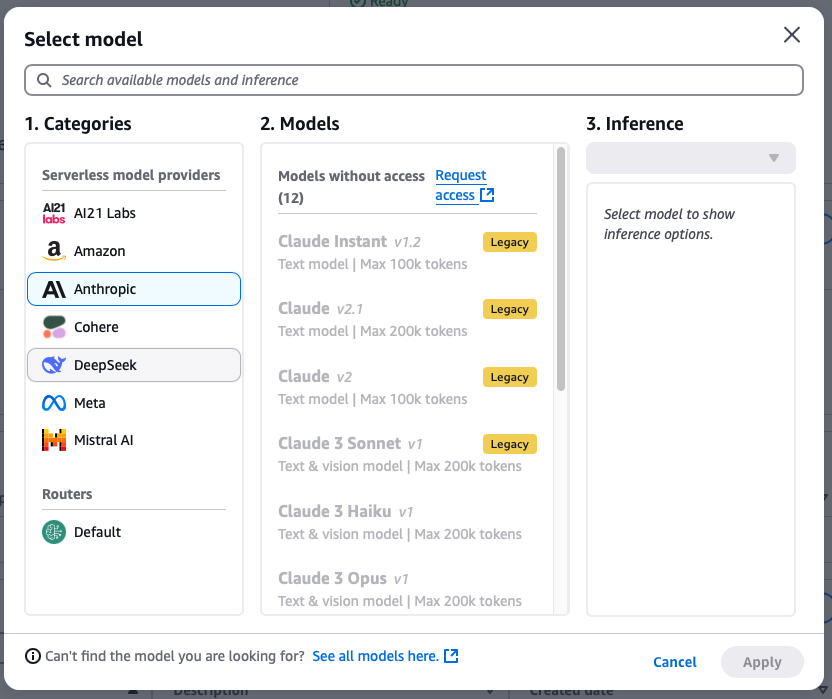 Guardrails model selector showing supported models across modalities