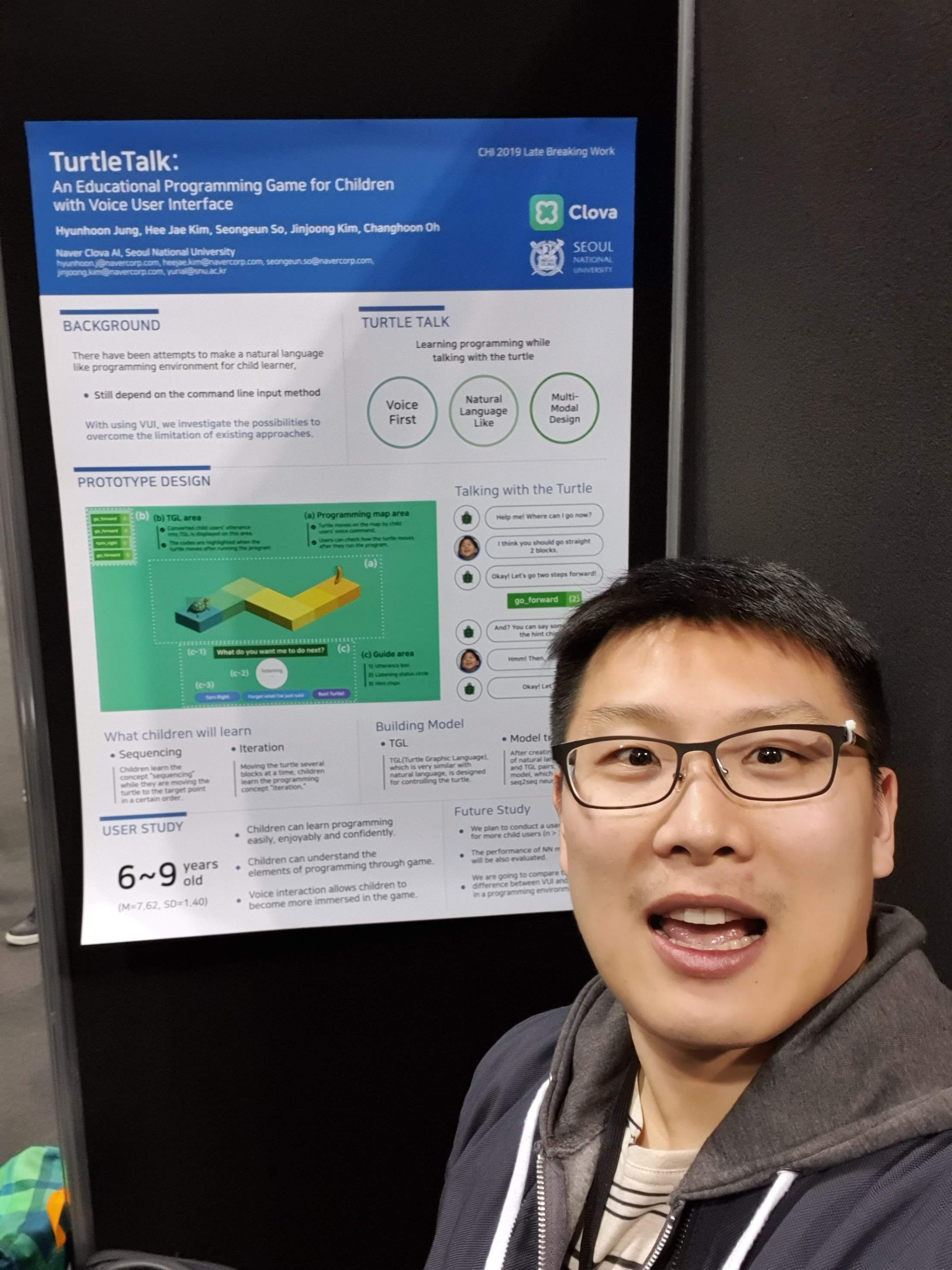 Heejae Kim presenting TurtleTalk at ACM CHI 2019 poster session, Glasgow