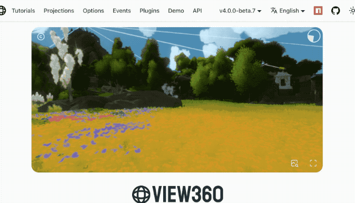 View360 interactive demo page showing various projection types